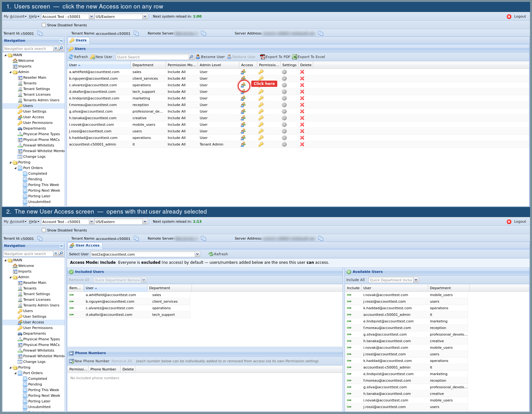 User Access screen